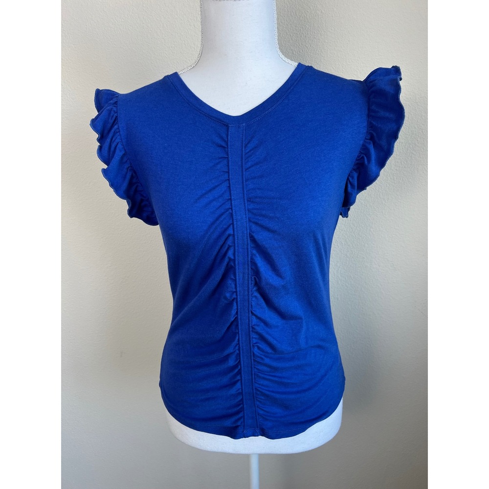 Robert Rodriguez Blue Ruched Ruffle Sleeve Blouse Top S Parisian‎ Minimalist
